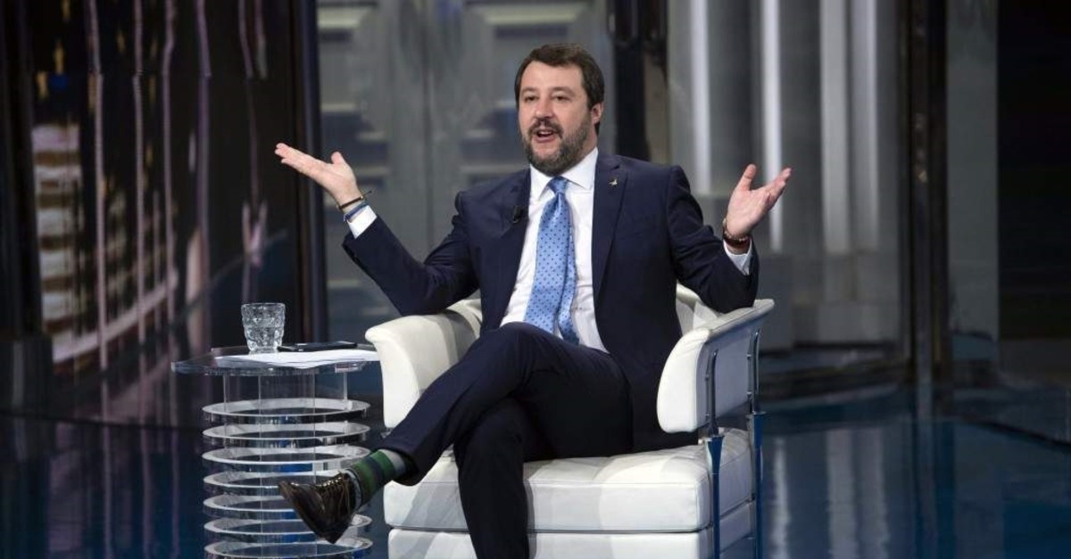 League party leader Matteo Salvini speaking on a TV show in Rome, Dec. 3, 2019. (Maurizio Brambatti/ANSA via AP)