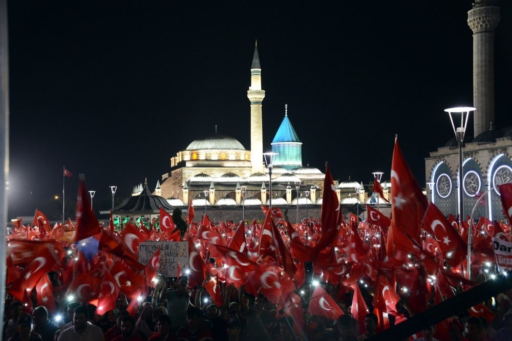 People gather around Adana Mosque as a part of democracy watch after the failed coup attempt orchestrated by the Gu00fclenist Terror Group (FETu00d6). Turkish people gathered in public squared and mosque courtyards to show their support for democracy.