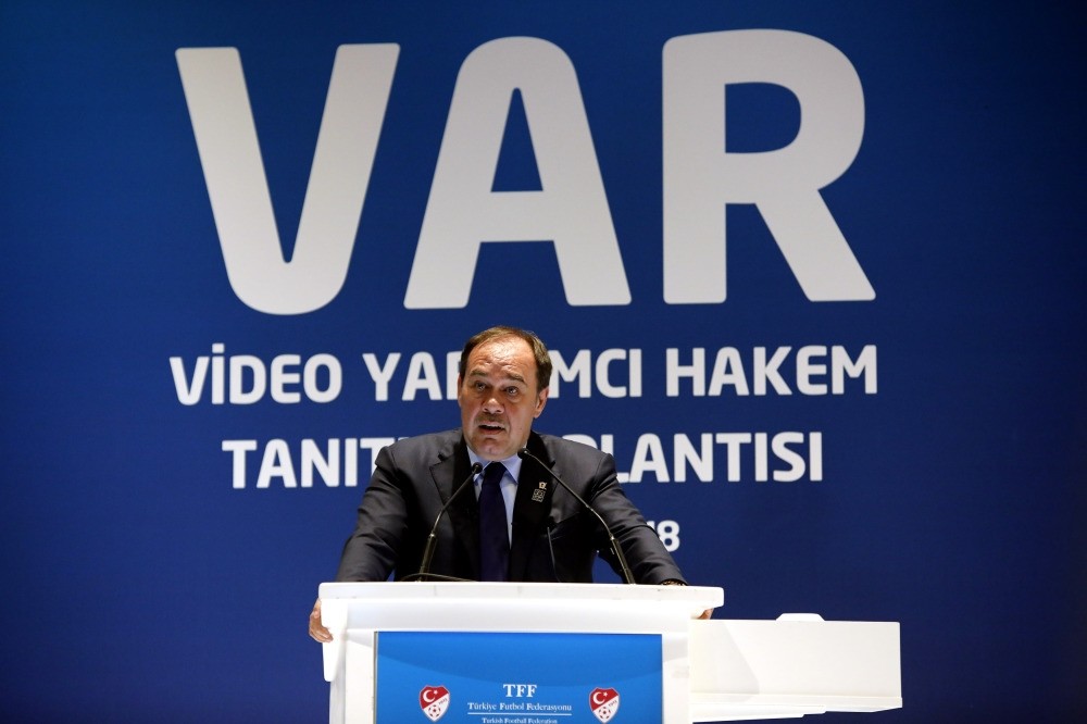 Turkish Football Federation President Yu0131ldu0131ru0131m Demiru00f6ren speaks during the introducing of the video assistant referee system for the 2018-2019 Super League  in a meeting, held in Istanbul, on Aug. 1.