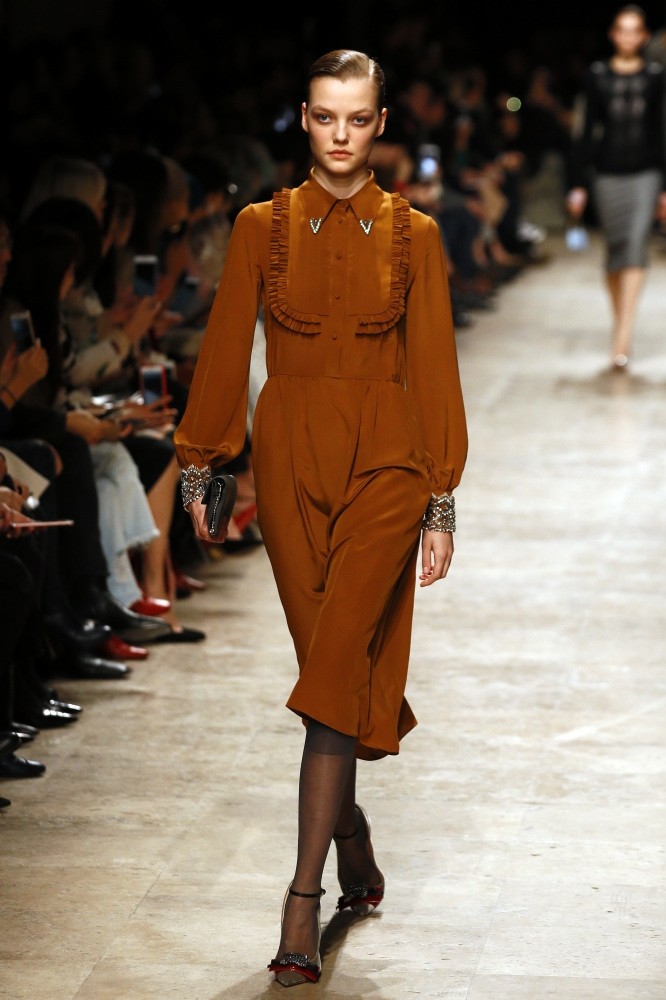 A model wears a creation by Italian fashion designer Alessandro Dell'Acqua in Paris.