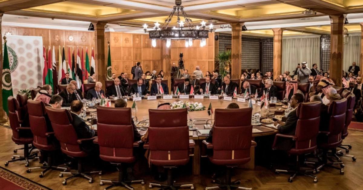 This picture taken on February 1, 2020 shows a view at an Arab League emergency meeting discussing the US-brokered proposal for a settlement of the Middle East conflict, at the league headquarters in the Egyptian capital Cairo. (AFP Photo)