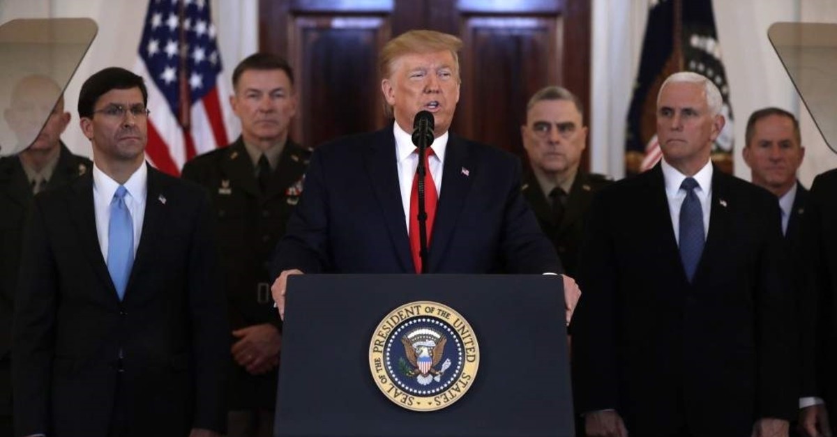 U.S. President Donald Trump addresses the nation from the White House on the ballistic missile strike that Iran launched against Iraqi air bases housing U.S. troops, Wednesday, Jan. 8, 2020, in Washington. (AP Photo)