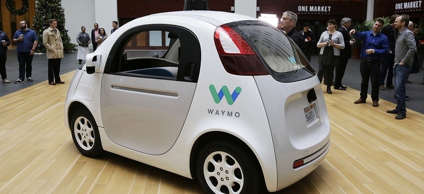 The Waymo driverless car is displayed during a Google event Tuesday in San Francisco.