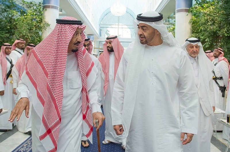 Saudi King Salman bin Abdulaziz Al Saud, left, talks to Sheikh Mohammed bin Zayed Al Nahyan (AP Photo)
