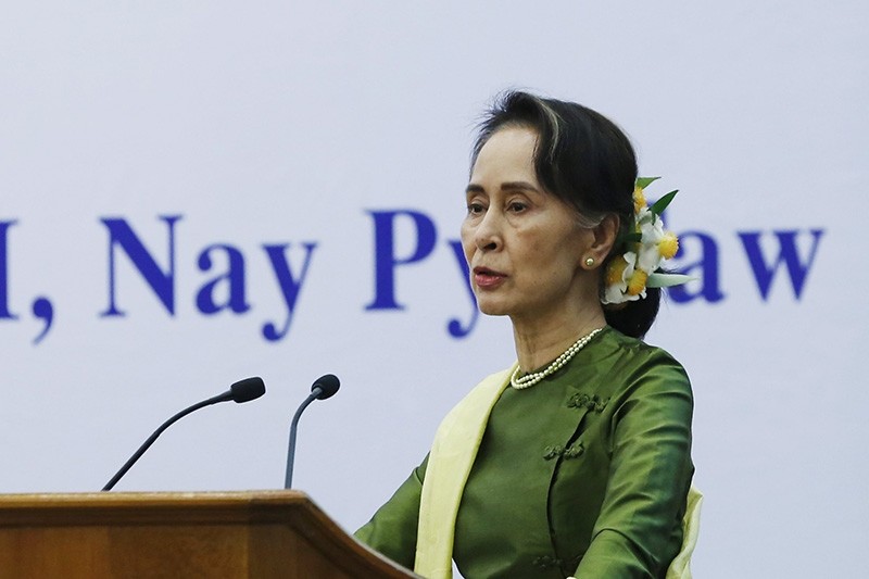 Myanmar's State Counselor Aung San Suu Kyi speaks during the Conference on Justice Sector Coordination For Rule of Law at the Myanmar International Convention Center 2 in Naypyitaw, Myanmar (EPA Photo)