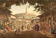 A painting portraying a market place in former Ottoman capital Bursa. During the Seljuk and Ottoman period, trade was an important part of daily life and ,derbend guards, were first to introduce insurance from Anatolia to the rest of the world.  