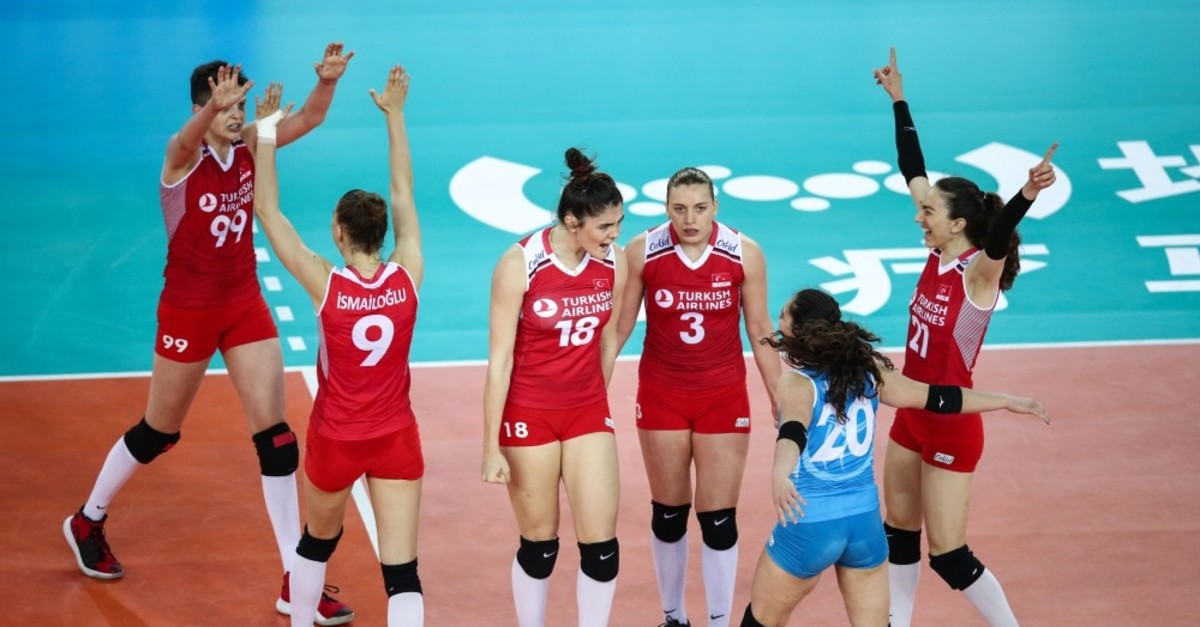 The Turkish players celebrate their victory against the U.S. players, June 11, 2019.