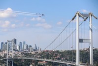 Turkish Air Force's aerobatics team, the Turkish Stars,u200b make low pass over the Bosporus on the eve of TEKNOFEST Istanbul, Sept. 16, 2019.