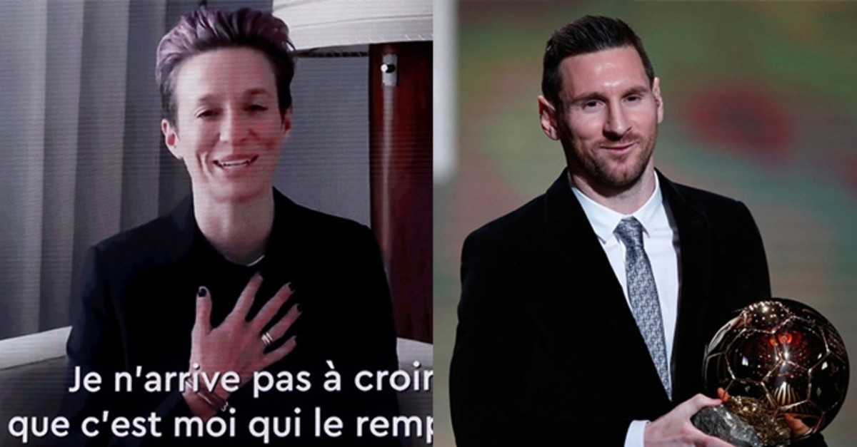 Photos from Reuters (L) and AP (R) show Megan Rapinoe and Lionel Messi receiving the Ballon d'Or in Paris, France on Dec. 2, 2019.