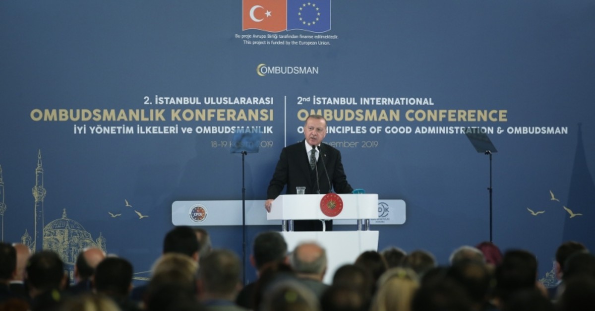 President Recep Tayyip Erdou011fan speaks at the 2nd Istanbul International Ombudsman Conference on Monday, Nov. 18, 2019 (AA Photo)