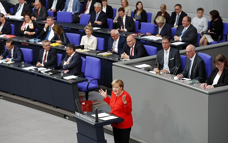 German Chancellor Angela Merkel delviers a speech during a session of the German Bundestag in Berlin, Germany, Sept. 05, 2017. (EPA Photo)