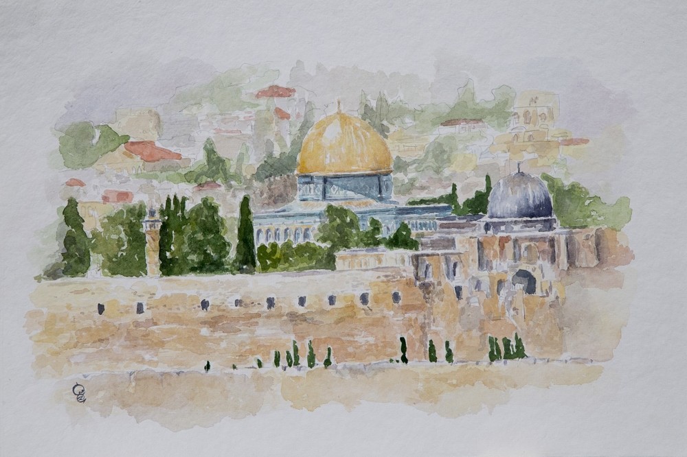 A painting of the Dome of the Rock in Jerusalem.