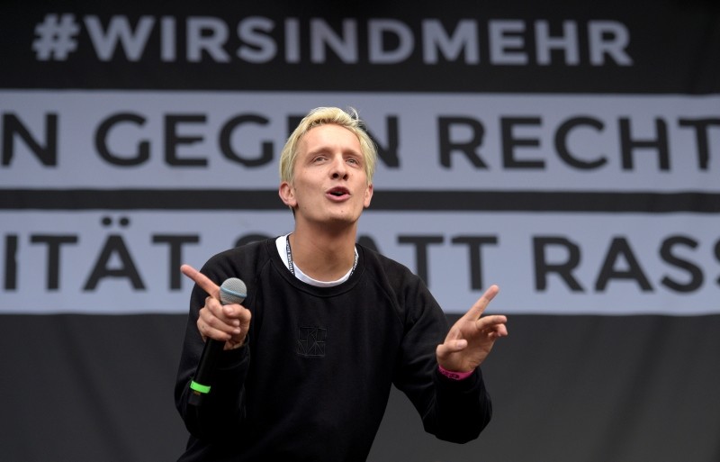 Felix Kummer of the German band 'Kraftclub' perfom on stage during the concert.