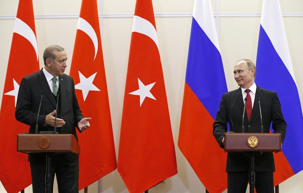 President Recep Tayyip Erdou011fan and Russian President Vladimir Putin attending a news conference following their talks in the Russian Black Sea resort of Sochi on Wednesday.