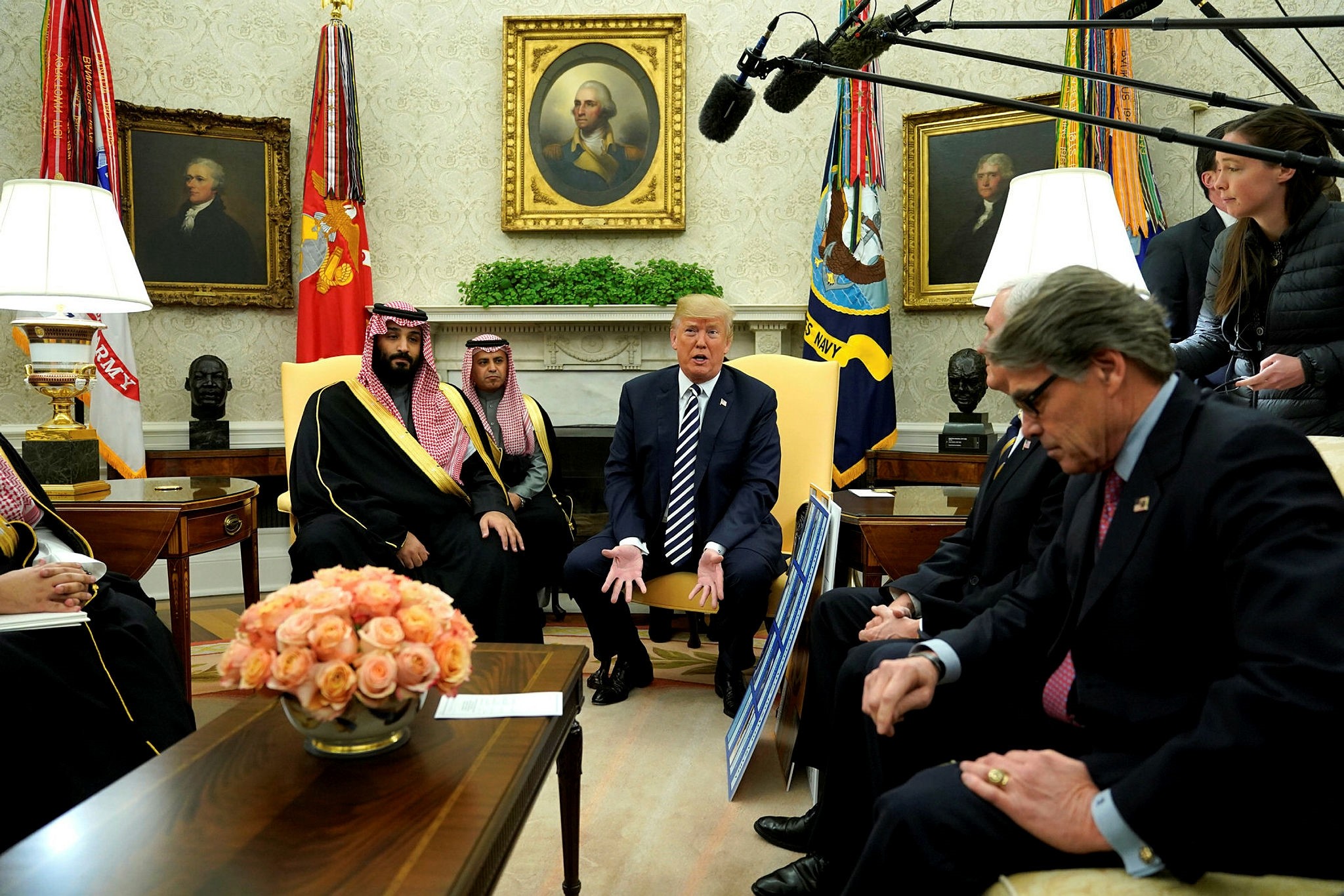U.S. President Donald Trump with Energy Secretary Rick Perry (R), delivers remarks as he welcomes Saudi Crown Prince Mohammad bin Salman in the Oval Office at the White House, March 20.