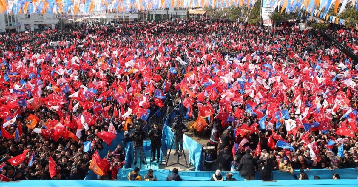 People gather to attend the AK Party's rally for the upcoming local elections in the central Yozgat province, Feb. 25, 2019.