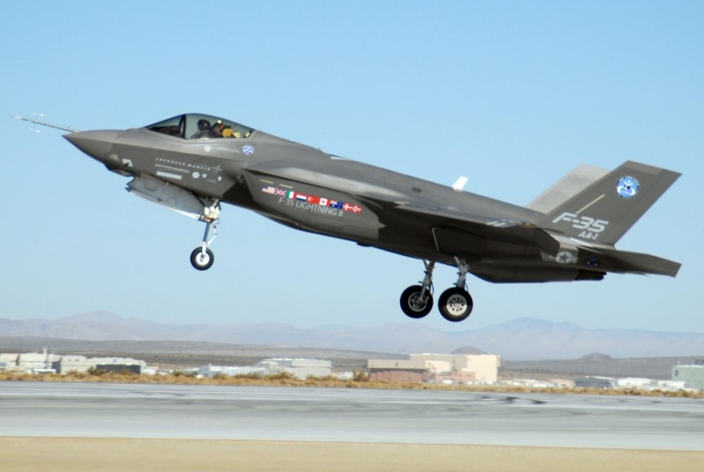 An F-35 Lightning II, marked AA-1, lands at Edwards Air Force Base, California, Oct. 23, 2017.