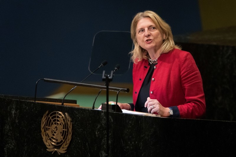 Austrian Foreign Minister Karin Kneissl addresses the 73rd session of the United Nations General Assembly,Saturday, Sept. 29, 2018 at U.N. headquarters. (AP Photo)