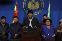 Bolivian President Evo Morales speaks during a press conference at a military base, El Alto, Nov. 10, 2019. (AP Photo)