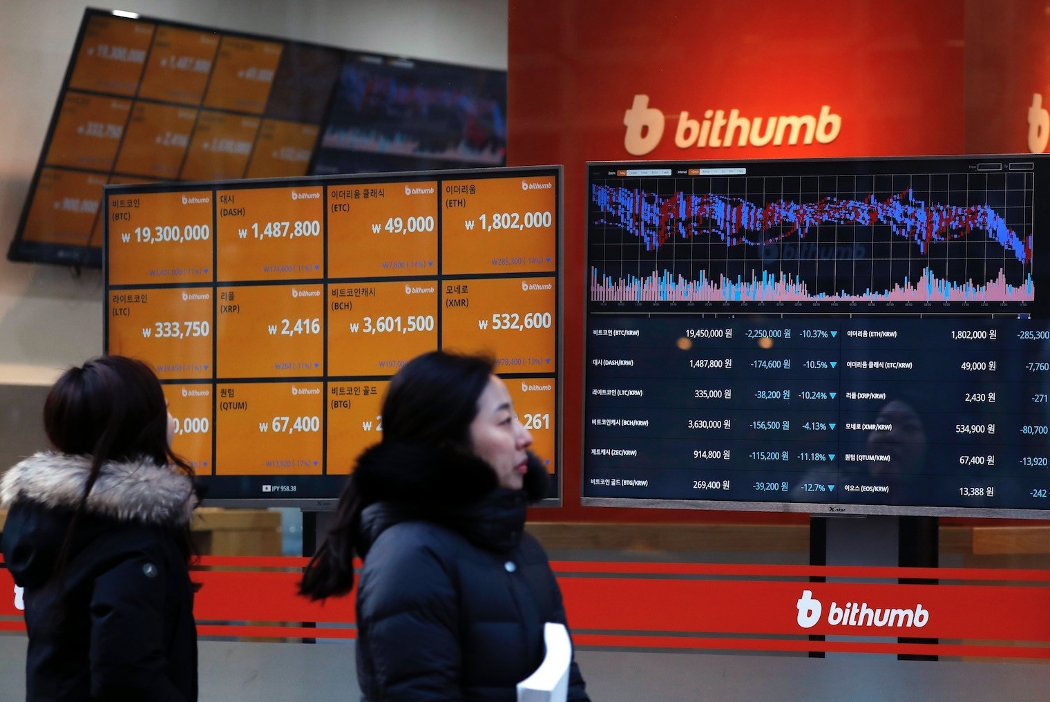 People look at monitors displaying cryptocurrency values at the leading South Korean exchange Bithumb, Seoul, South Korea, Jan. 11.
