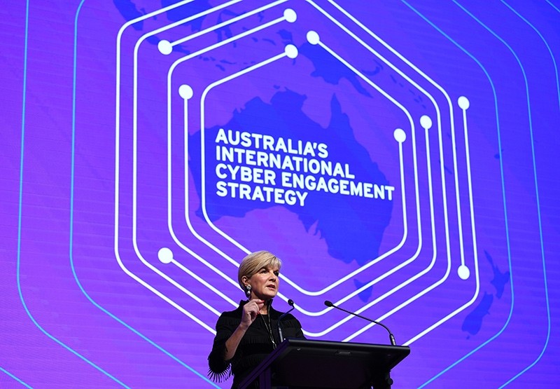 Australian Foreign Minister Julie Bishop gestures on stage during her speech at the launch of Australia's inaugural International Cyber Engagement Strategy at the Telstra Customer Insight Centre in Sydney, Australia, Oct. 4, 2017 (EPA Photo)