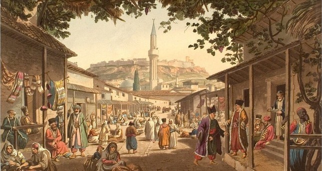 صورة لسوق في اليونان يضم مسلمين ومسيحيين أرثوذكس يعيشون معاً تحت حكم الإمبراطورية العثمانية