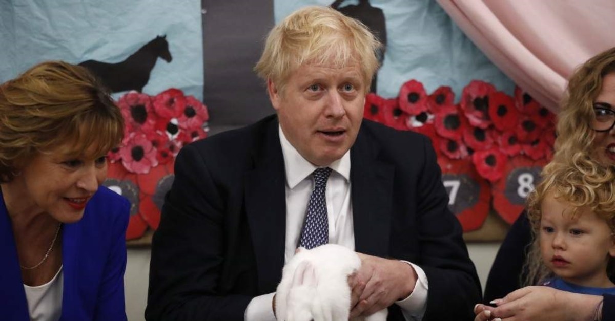 Britain's Prime Minister Boris Johnson holds Rosie the rabbit during a visit to the West Monkton CEVC Primary School on his general election campaign trail, Taunton, Nov. 14, 2019. (AP Photo)