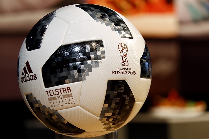 The current official game ball bearing the logo of the Russia 2018  soccer World Cup is on display during the adidas annual balance news conference in Herzogenaurach, Germany, Wednesday, March 14, 2018. (AP Photo)