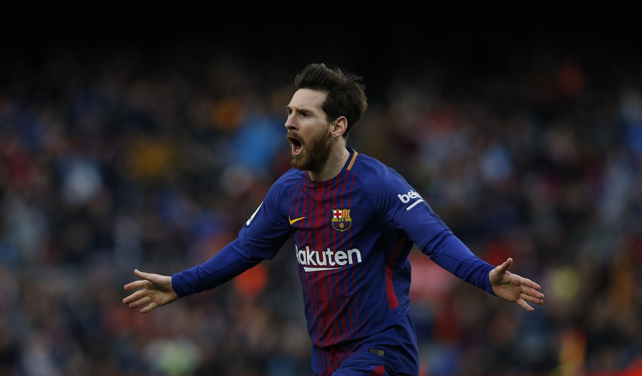 FC Barcelona's Lionel Messi reacts after scoring during the Spanish La Liga soccer match between FC Barcelona and Atletico Madrid at the Camp Nou stadium in Barcelona, Spain, Sunday, March 4, 2018. (AP Photo)