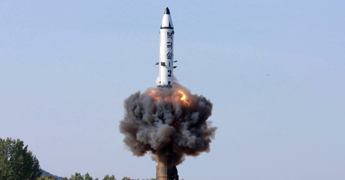 In this undated file photo distributed by the North Korean government on May 22, 2017, a solid-fuel ,Pukguksong-2, missile lifts off during its launch test at an undisclosed location in North Korea. (AP Photo)