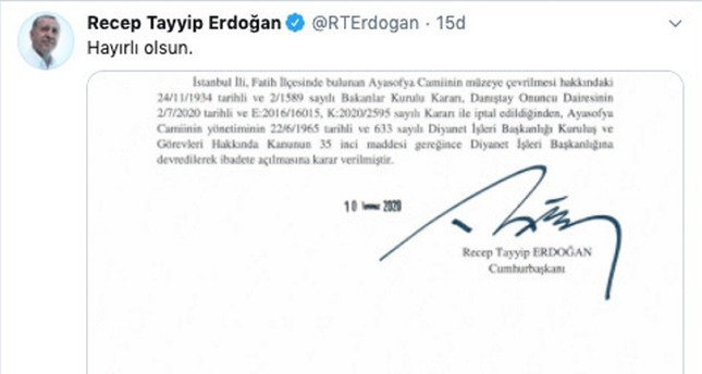 الرئيس أردوغان يصدر قرارا بافتتاح آيا صوفيا للعبادة