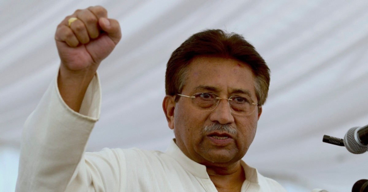 In this Monday, April 15, 2013 file photo, Pakistan's former President and military ruler Pervez Musharraf addresses his party supporters at his house in Islamabad, Pakistan. (AP Photo)