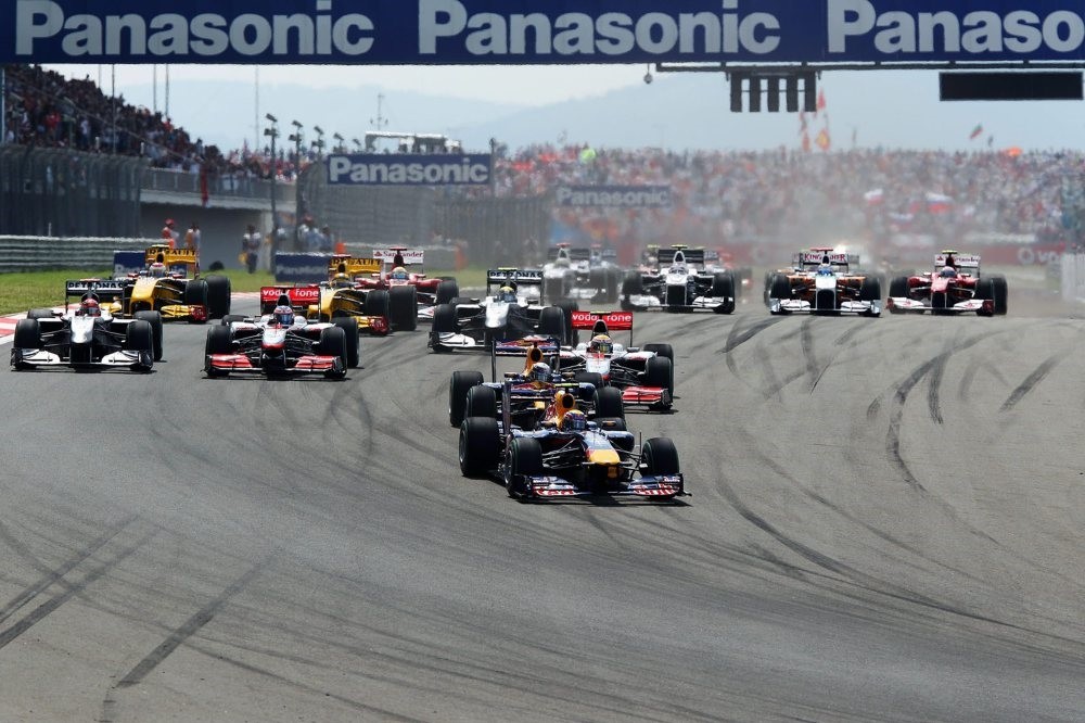 Mark Webber of Australia and Red Bull Racing leads the field into the first corner at the start of the Turkish Formula One Grand Prix at Istanbul Park on May 30, 2010, in Istanbul.