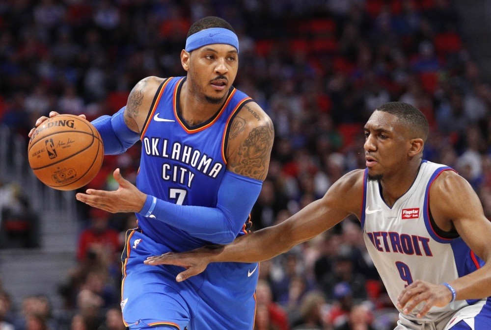 Oklahoma City Thunder forward Carmelo Anthony looks to score against the Detroit Pistons, Jan. 27. 