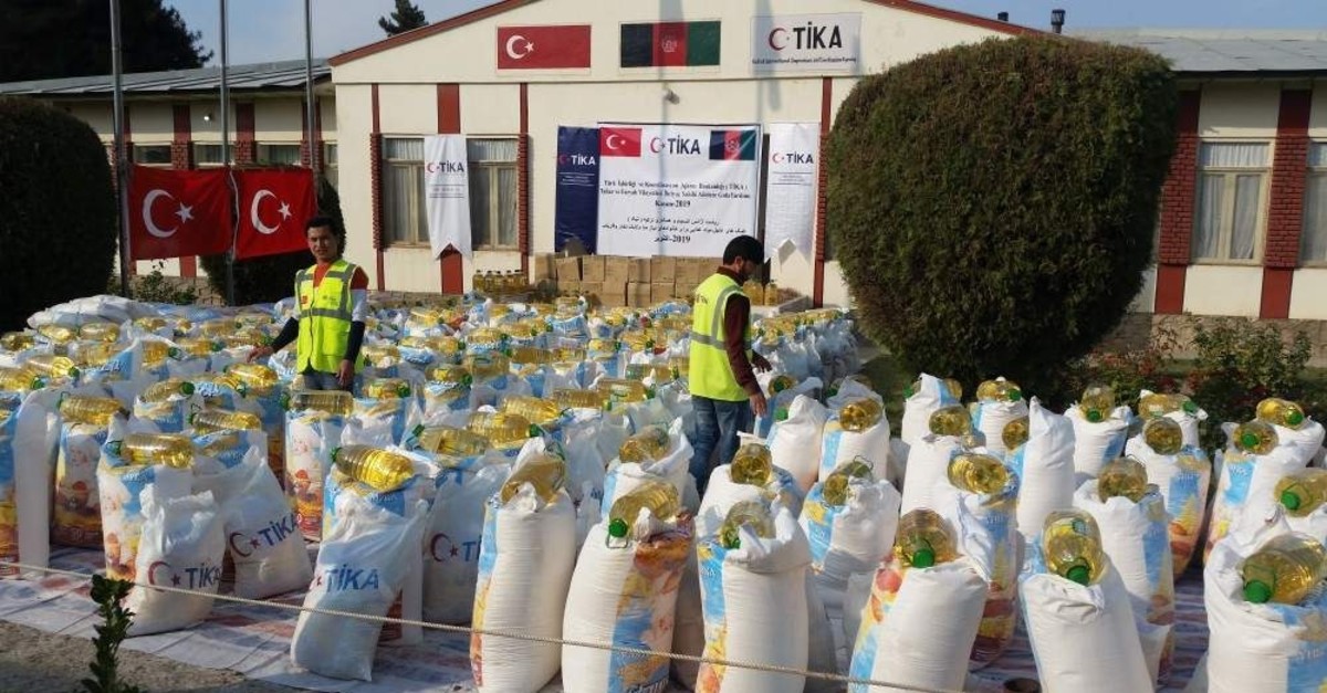 Packages of food outside a TIKA office stand ready to be delivered to families affected by war in Afghanistan, Nov. 18, 2019. (AA Photo)