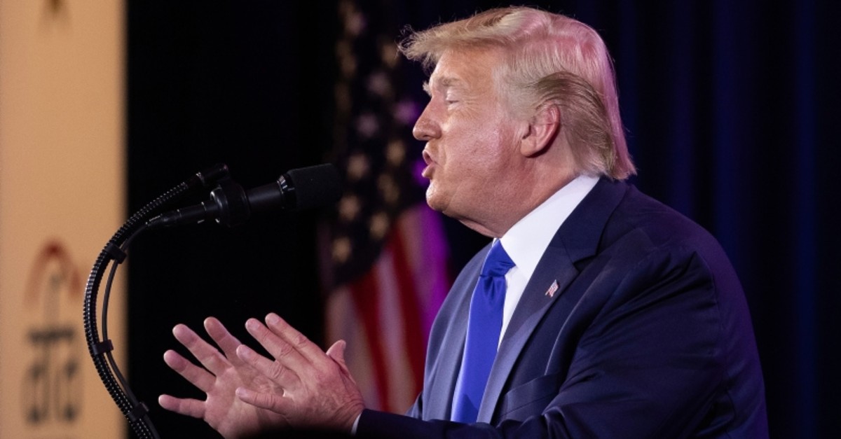 U.S. President Donald Trump speaks at the Values Voter Summit in Washington, Saturday, Oct. 12, 2019. (AP Photo)