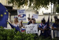 Anti-Brexit protesters wave flags and hold signs near the Houses of Parliament, London, Aug. 28, 2019.