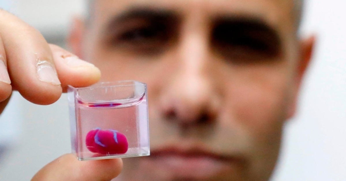 Israeli professor Tal Dvir presents a 3D print of heart with human tissue at the University of Tel Aviv on April 15, 2019. (AFP Photo)