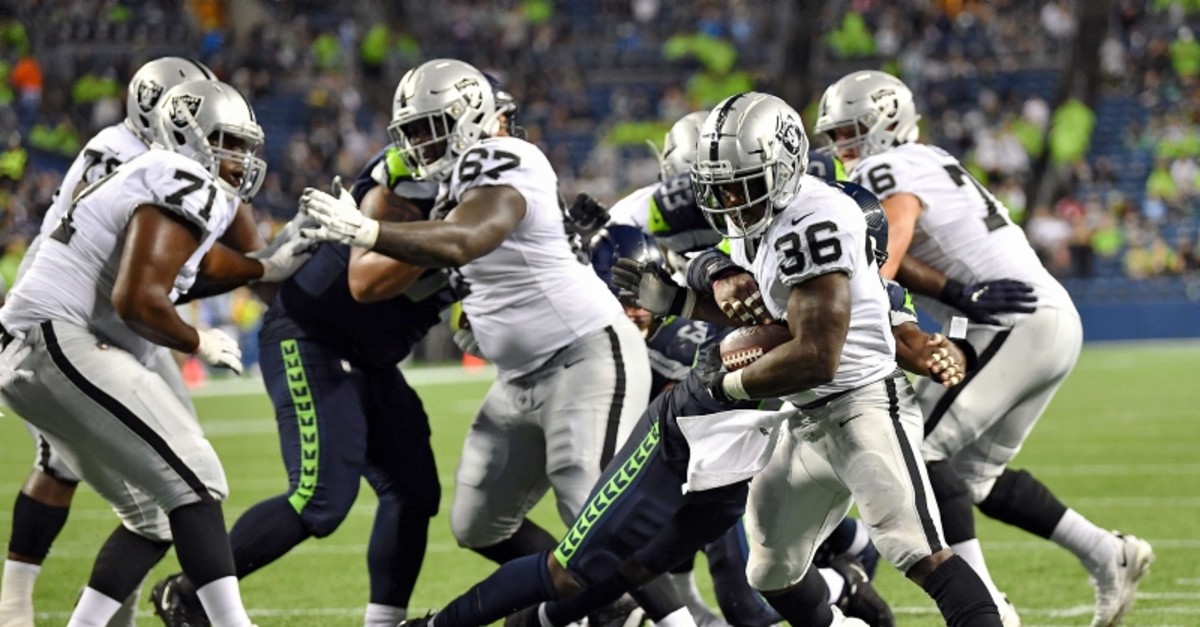 James Butler #36 of the Oakland Raiders scores late in the fourth quarter during the preseason game against the Seattle Seahawks at CenturyLink Field on August 29, 2019 in Seattle, Washington (AFP Photo)