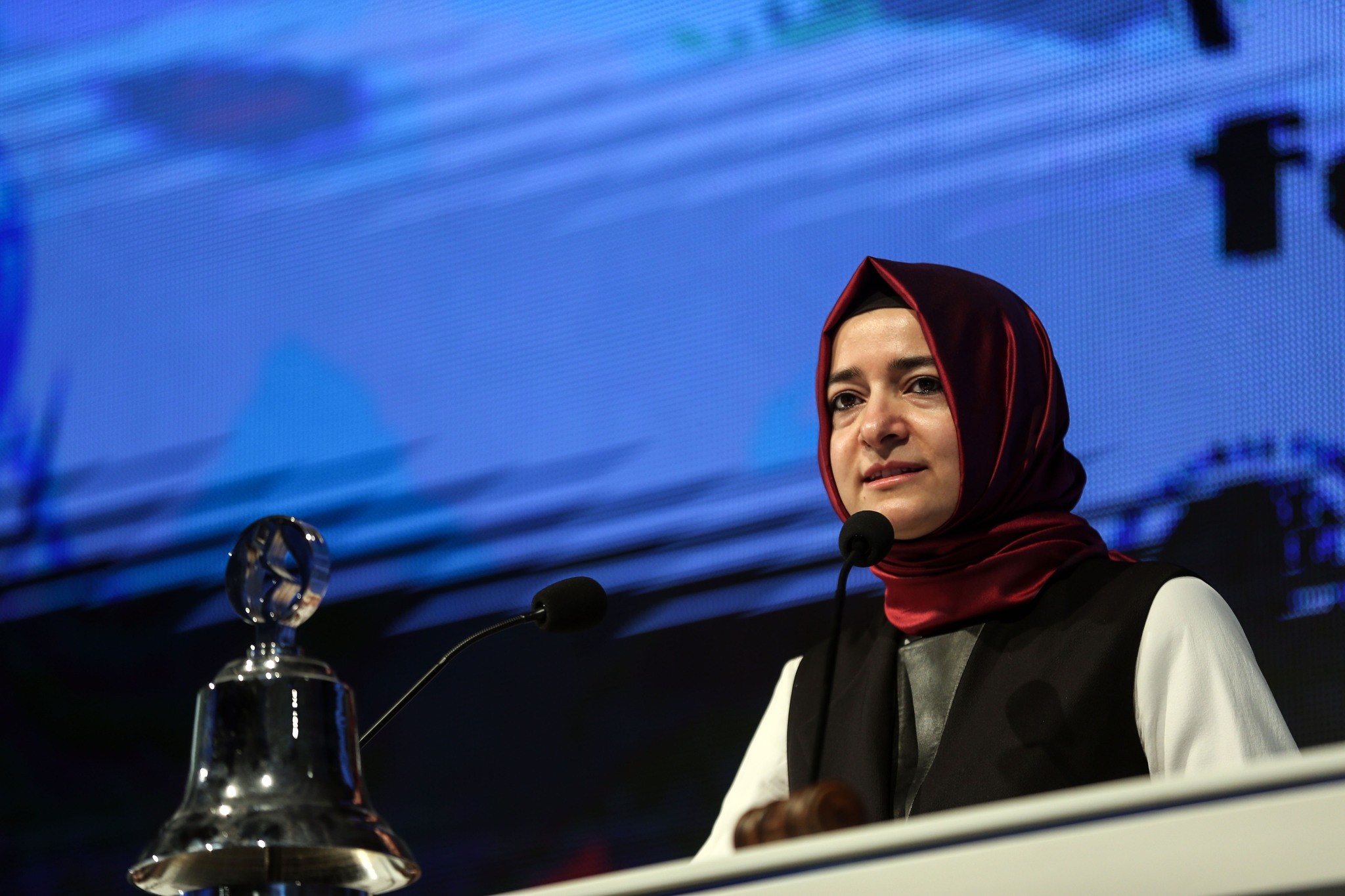 Family and Social Minister Fatma Betu00fcl Sayan Kaya speaks at a Women Day's event on March 8, 2017 in Istanbul. (AA Photo) 