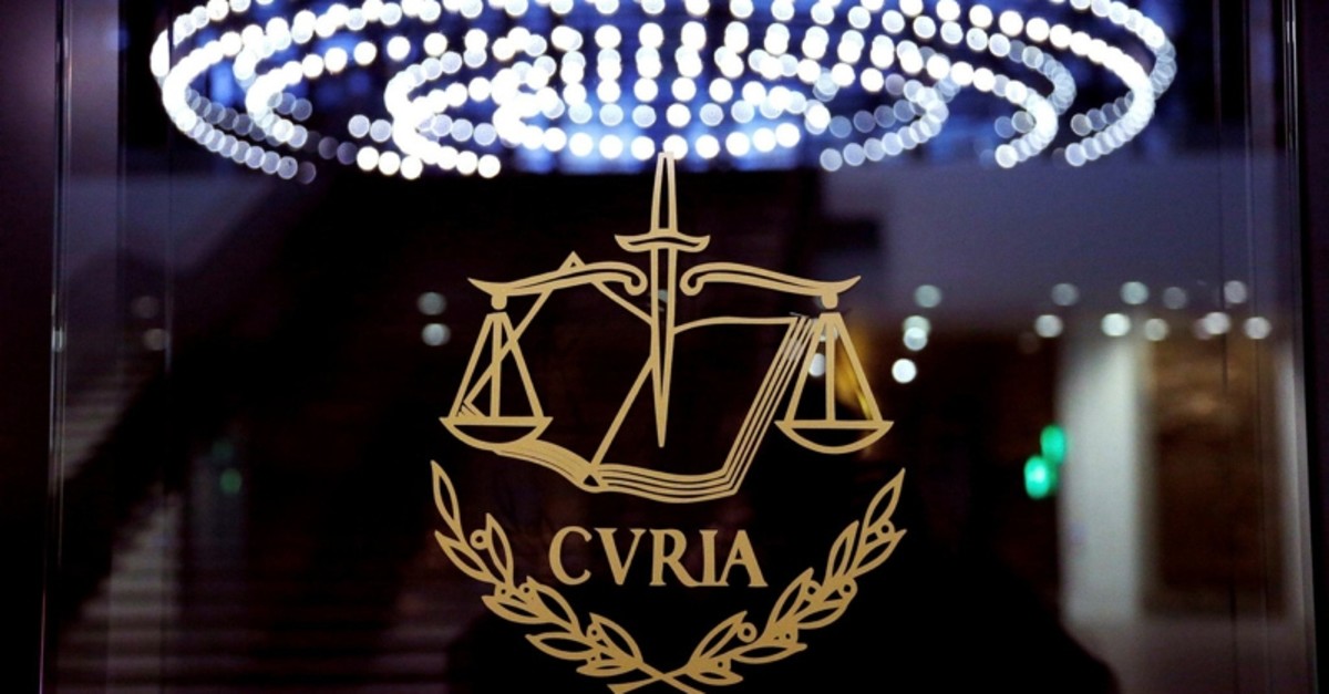 The logo of the European Court of Justice outside the main courtroom in Luxembourg. 