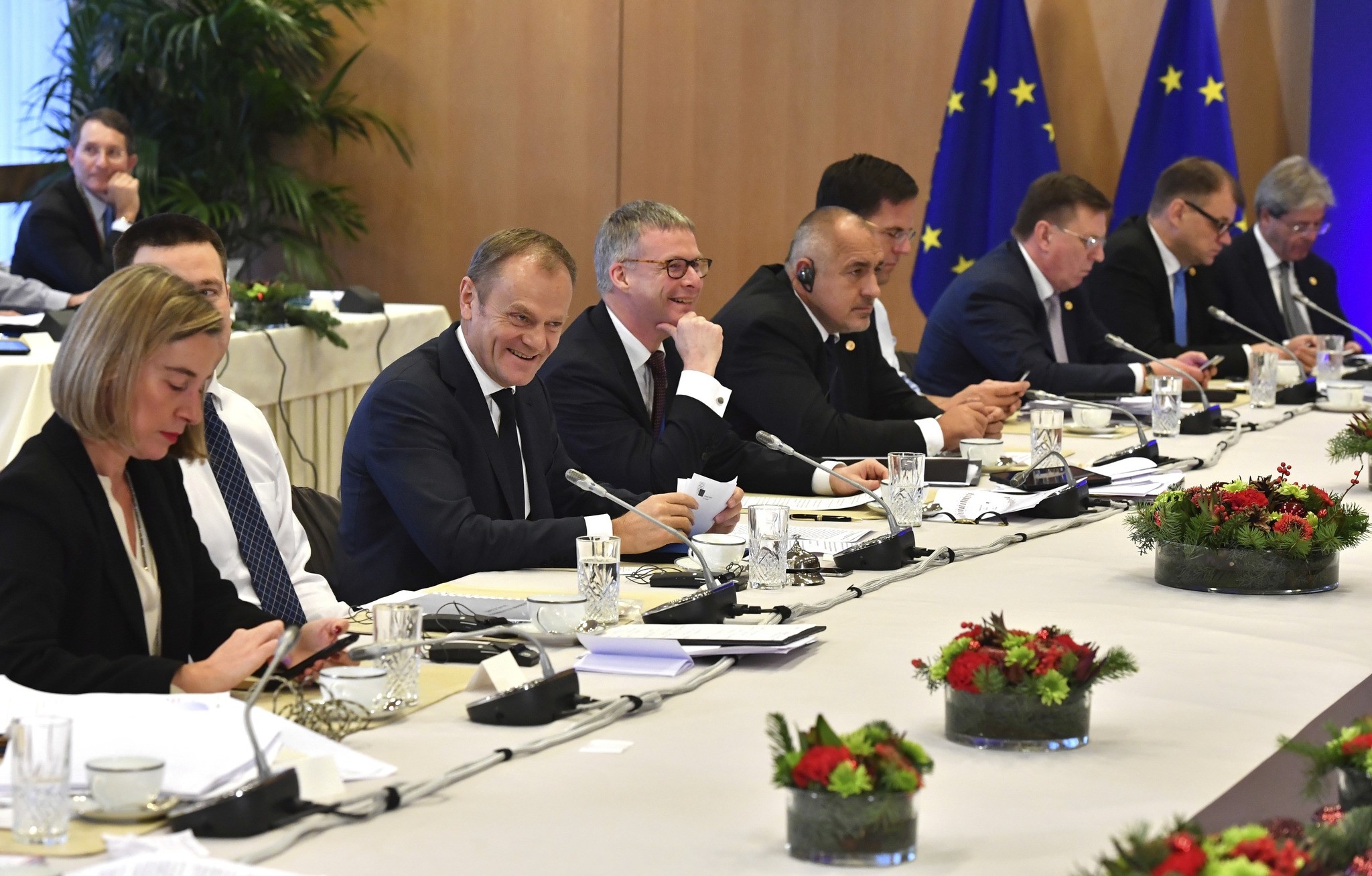 European Council President Donald Tusk, third left, participates in a round table meeting regarding Article 50 at an EU summit in Brussels on Friday, Dec. 15, 2017. (AP Photo)