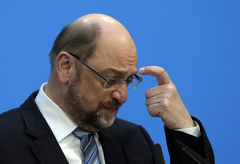In this Wednesday, Feb. 7, 2018 photo Martin Schulz, chairman of the Social Democratic Party, SPD, scratches his head during a press statement in Berlin. (AP Photo)
