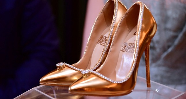 A pair of shoes worth 17 million US dollars are seen on display at Burj Al Arab during the launch presentation in Dubai on September 26, 2018. (AFP Photo)