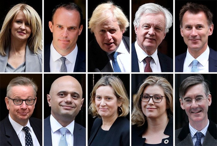 Picture shows Conservative MPs (top row L-R) Esther Mcvey on July 17, 2018, Dominic Raab on July 9, 2018, Boris Johnson on June 13, 2018, David Davis on February 6, 2018, Britain's Foreign Secretary Jeremy Hunt on July 10, 2018 (bottom row L-R) Britain's Environment, Food and Rural Affairs Secretary Michael Gove on July 5, 2016, Britain's Home Secretary Sajid Javid on October 16, 2018, Britain's Work and Pensions Secretary Amber Rudd on November 13, 2018, Britain's International Development Secretary and Minister for Women and Equalities Penny Mordaunt October 9, 2018 and Jacob Rees-Mogg, chair of the Euro-sceptic European Research Group (ERG), all pictured in London. (AFP Photo)