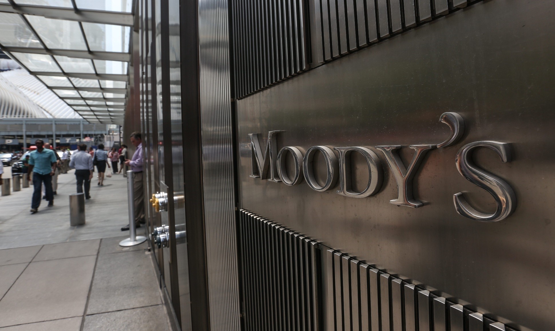 A Moody's sign on the company's corporate headquarters in New York City.