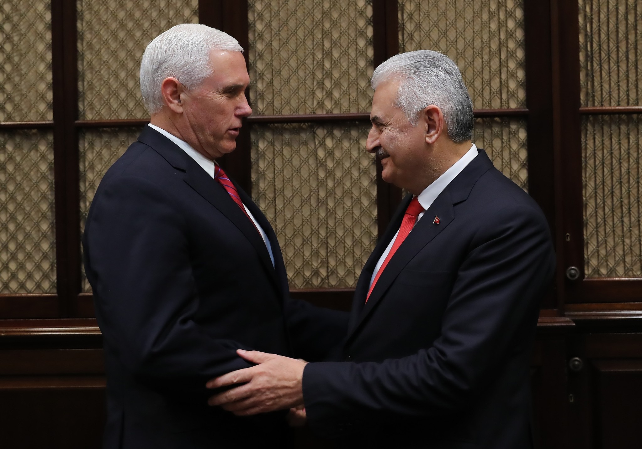 Turkish Prime Minister Binali Yu0131ldu0131ru0131m and U.S. Vice President Mike Pence meet in the Roosevelt Room at the White House in Washington,. (AA Photo)