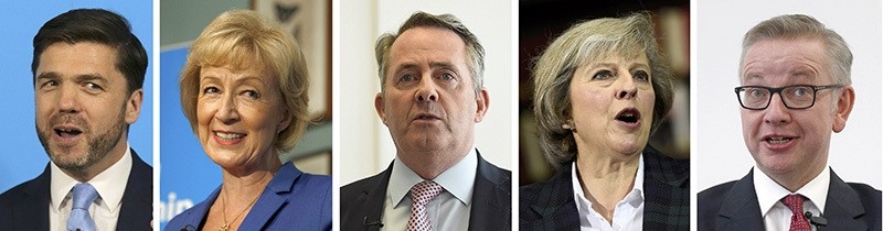 The candidates in the Conservative party leadership contest, (L-R) Stephen Crabb, Andrea Leadsom, Liam Fox, Theresa May and Michael Gove, are seen in this combination of five photographs, released in London, Britain July 5, 2016. (Reuters Photo)