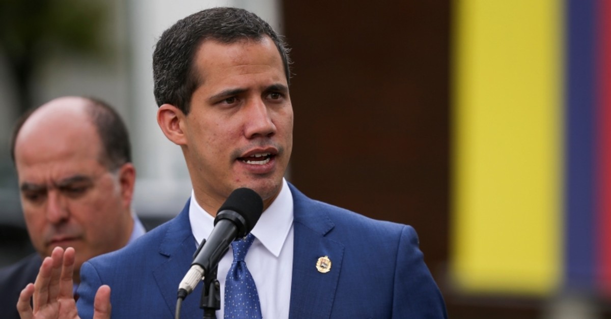 Venezuela's opposition leader Juan Guaido speaks to journalists after attending a regional counter-terrorism meeting at the police academy in Bogota, Colombia, Monday, Jan. 20, 2020. (AP Photo)