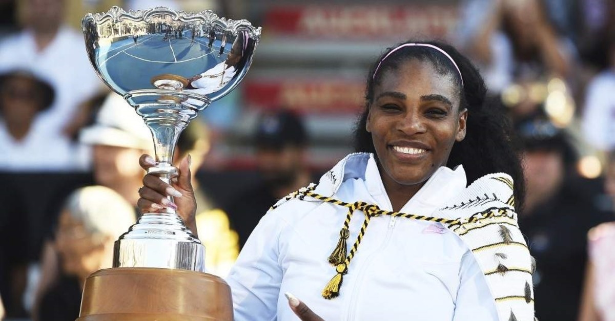 Serena Williams poses with the ASB Trophy after winning her finals singles match against Jessica Pegula at the ASB Classic in Auckland, Jan. 12, 2020. (AP Photo)